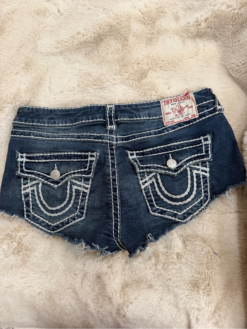 True Religion Women's Dark Indigo Embroidered Denim Shorts.